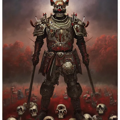 Image similar to anthropomorphic shiba inu, red metal skullknight armor, standing, cementary of skulls, fantasy 3 d render, masterpiece, red aura, by donato giancola and greg rutkowski and wayne barlow and zdzisław beksinski, realistic face