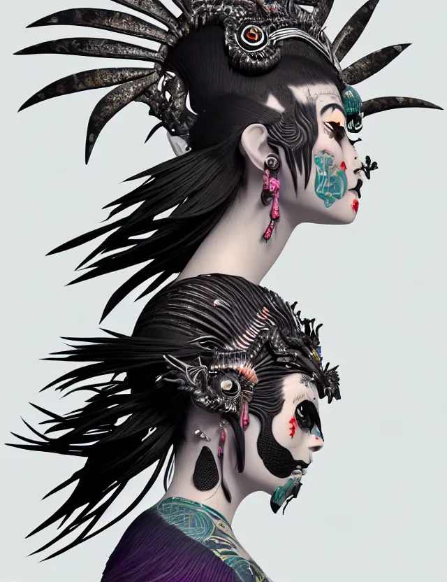 Image similar to 3 d goddess close - up profile simple portrait punk with mohawk with ram skull. beautiful intricately detailed japanese crow kitsune mask and clasical japanese kimono. betta fish, jellyfish phoenix, bio luminescent, plasma, ice, water, wind, creature, artwork by tooth wu and wlop and beeple and greg rutkowski