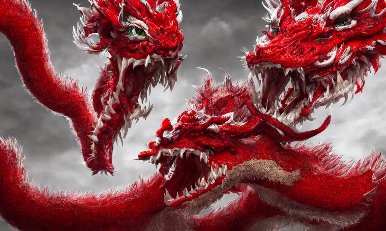 Prompt: hyper - realistic render of cute chinese dragon, crimson and white colored dragon, insane details, emerald eyes, sharp focus, beautiful creature, cinematic rendering, artstation, 4 k, 8 k