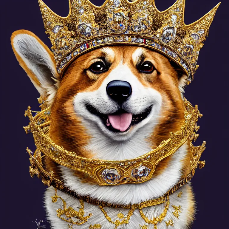 Image similar to highly detailed illustration of a portrait of a regal corgi wearing a jeweled golden crown, artstation, cinematic lighting, hyperdetailed, cgsociety, 8k, high resolution, by John Philip Falter, Art Nouveau, insanely detailed and intricate