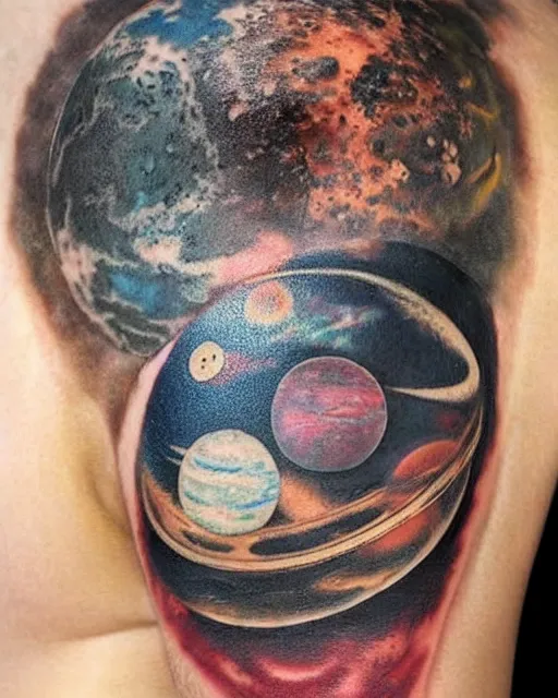 Prompt: planets on the top of a broken renaissance head statue, realism tattoo design, in the style of sivak