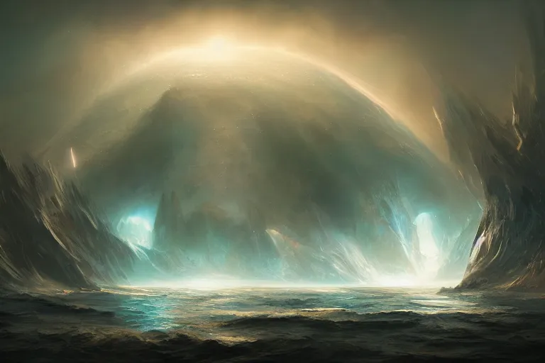 Prompt: primordial waters, chaos, the world without form and void, darkness shone on the face of the deep, amazing concept painting by Jessica Rossier
