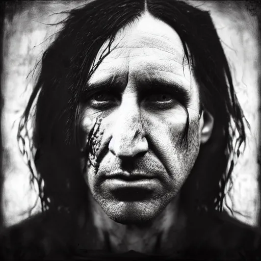 Image similar to portrait of trent reznor with long hair as a zombie by lee jeffries and michael hussar, horror, grotesque, award winning, sony a 7 r, trending on artstation