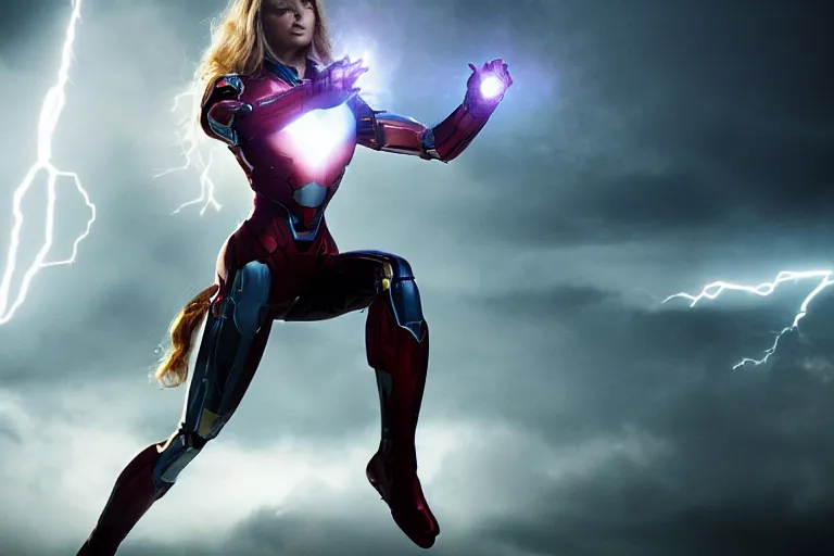 Image similar to vfx marvel sci-fi woman super hero cyborg photo real full body action pose, volumetric lightning, highly detailed, cinematic lighting by Emmanuel Lubezki