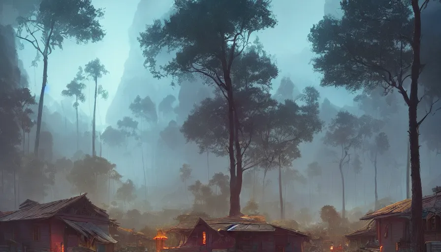 Image similar to kerala village, an epic fantasy, dramatic lighting, cinematic, establishing shot, extremely high detail, photorealistic, cinematic lighting, artstation, by simon stalenhag, horizon forbidden west