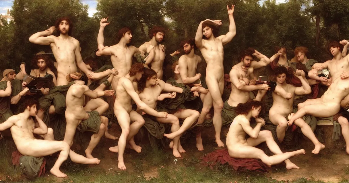 Image similar to large group of pre-Raphaelite muscular athletic male gamers wearing headsets holding laptops playstation5 x-box and PC by Bouguereau and raphael