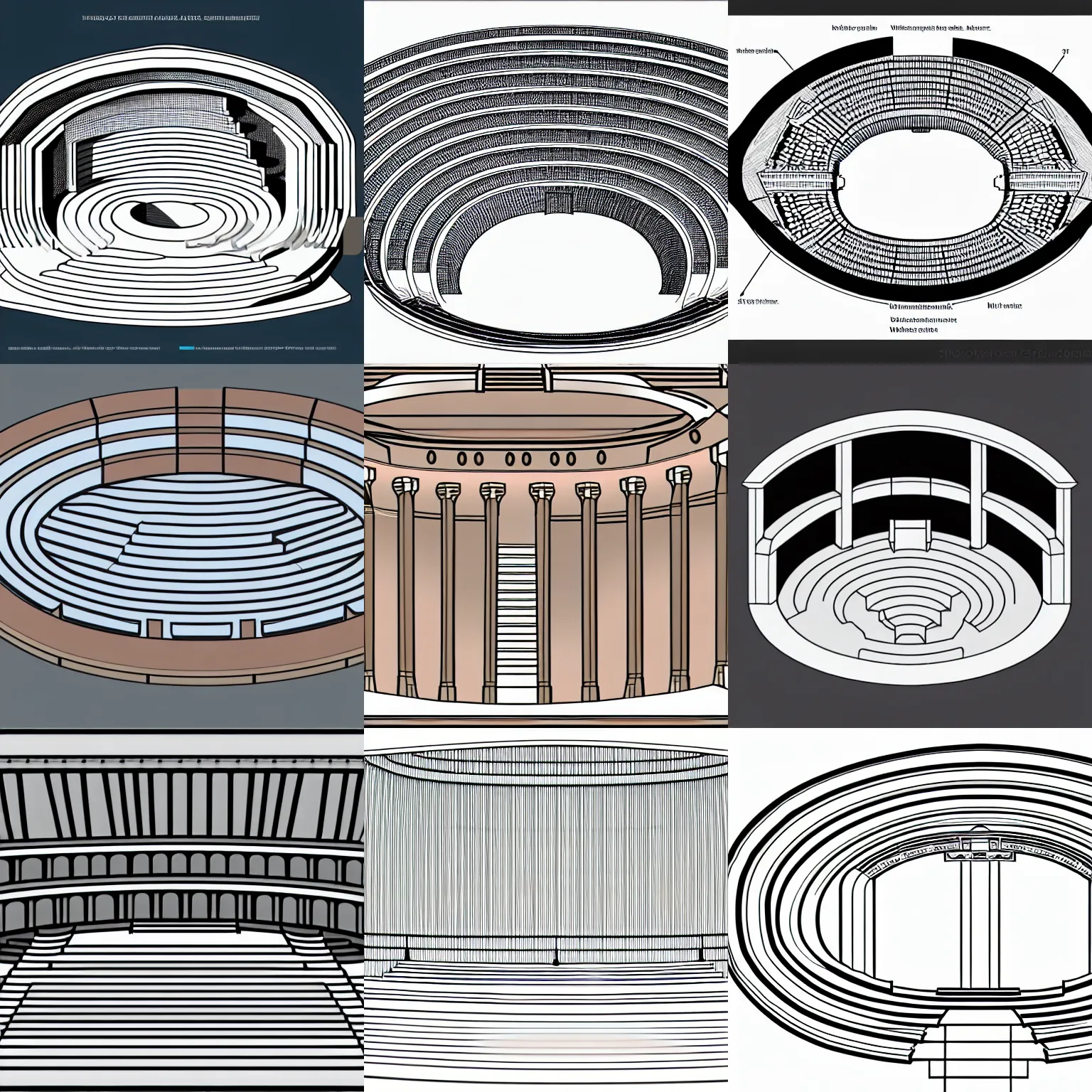 Prompt: a stephen biesty cross - section of simplified!!! smooth shaded ancient amphitheater, precise! vector trace, 3 / 4 wide shot, occlusion, white background