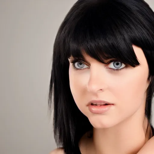 Image similar to raven haired seductive woman with stunning light eyes with a beautiful face, thin nose, fair skin, soft skin, long neck, wearing a tube top
