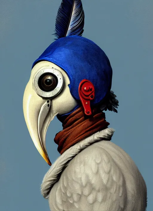 Prompt: rpg! profile!! portrait of humanoid bird on white background, beak, blue feathers, plague doctor, vintage doll, intricate, highly detailed, digital painting, artstation, concept art, smooth, sharp focus, illustration, art by norman rockwell emiliano ponzi andrey remnev yoann lossel aaron jasinski, 8 k