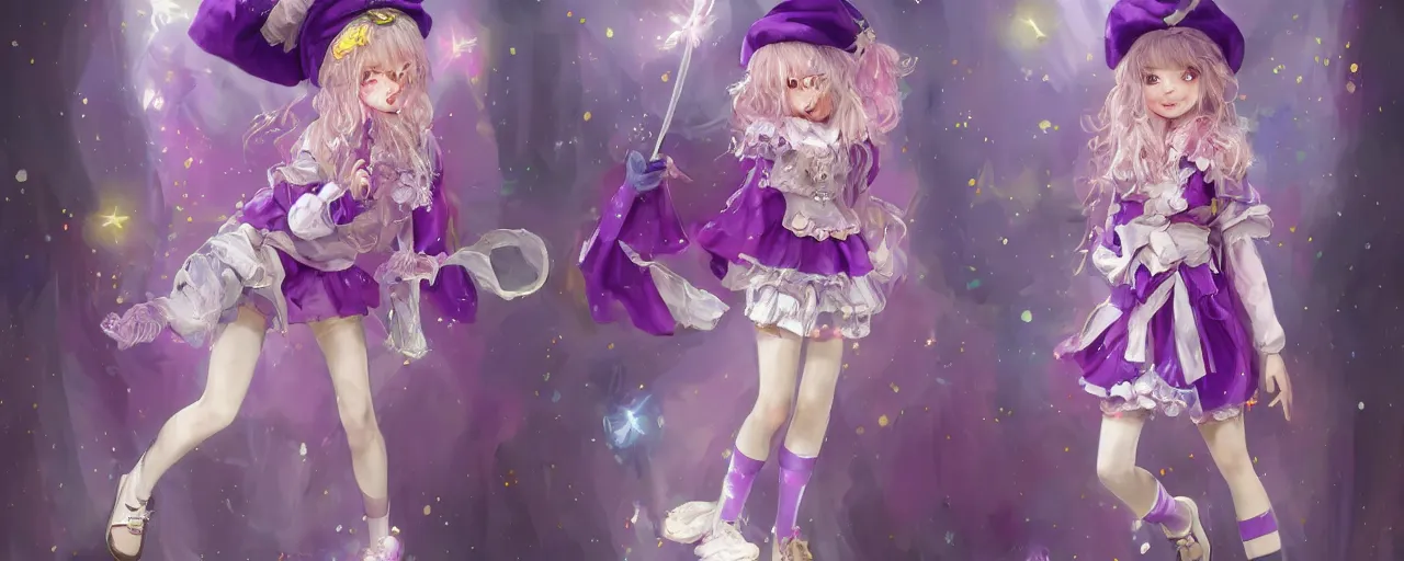 Prompt: A character sheet of a very cute magical girl with short blond hair wearing an oversized purple Beret, Purple overall shorts, Short Puffy pants made of silk, pointy jester shoes, a big scarf, and white leggings. Rainbow accessories all over. Flowing fabric. Covered in stars. Short Hair. Art byy Seb McKinnon and WLOP and Artgerm and william-adolphe bouguereau. Fashion Photography. Decora Fashion. harajuku street fashion. Kawaii Design. Intricate, elegant, Highly Detailed. Digital Art. Fantasy. Concept Art. Smooth, Sharp Focus, Illustration Photo real. realistic. Soft Lighting. 4K. UHD. Denoise.