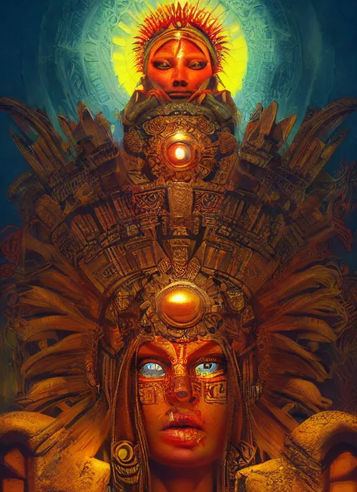 Image similar to aztec sun goddess in a temple, vivid colors, dark shadows, contrast, concept art, sharp focus, digital art, Hyper-realistic, 4K, Unreal Engine, Highly Detailed, Dramatic Lighting, Beautiful, by Brom, bastien lecouffe-deharme