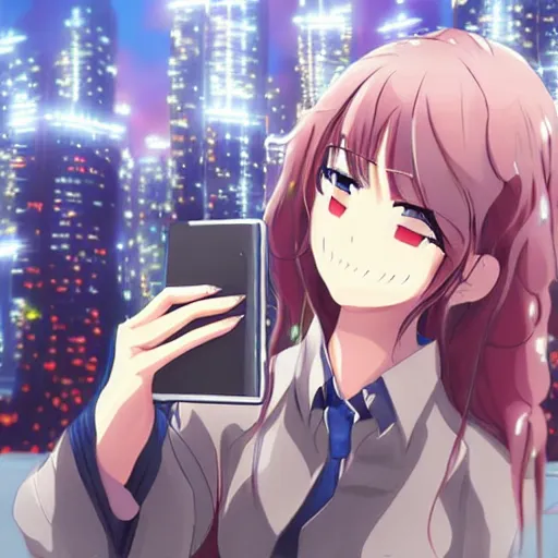 Prompt: anime girl taking a selfie in a futuristic city, extremely detailed, anime,