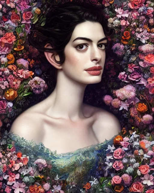 Image similar to portrait of anne hathaway, surrounded by flowers by karol bak, james jean, tom bagshaw, rococo, sharp focus, trending on artstation, cinematic lighting, hyper realism, octane render, 8 k, hyper detailed.