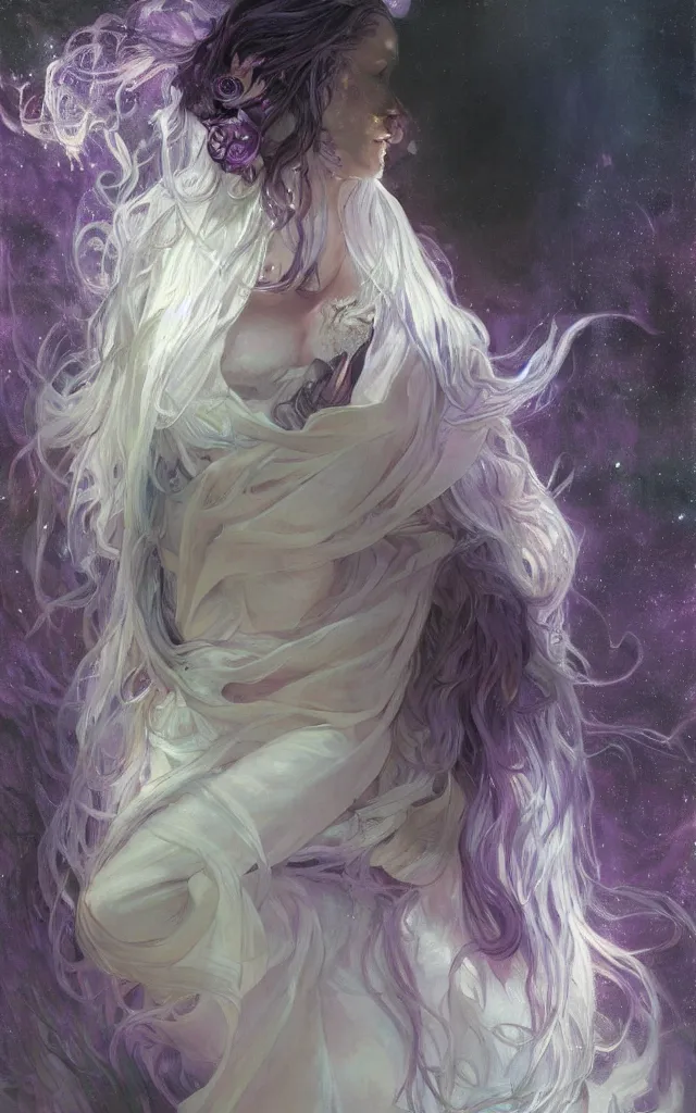 Image similar to hyperrealist portrait of a night fairy with white hair and purple eyes, wearing a long robes that fall like stars, by jeremy mann and alphonse mucha, fantasy art, photo realistic, dynamic lighting, artstation, poster, volumetric lighting, very detailed faces, 8 k, award winning