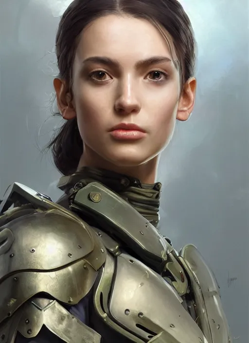 Image similar to a professional painting of a beautiful young female, clothed in military armor, olive skin, long dark hair, beautiful bone structure, symmetrical facial features, intricate, elegant, digital painting, concept art, smooth, sharp focus, illustration, from Metal Gear, by Ruan Jia and Mandy Jurgens and Artgerm and William-Adolphe Bouguerea