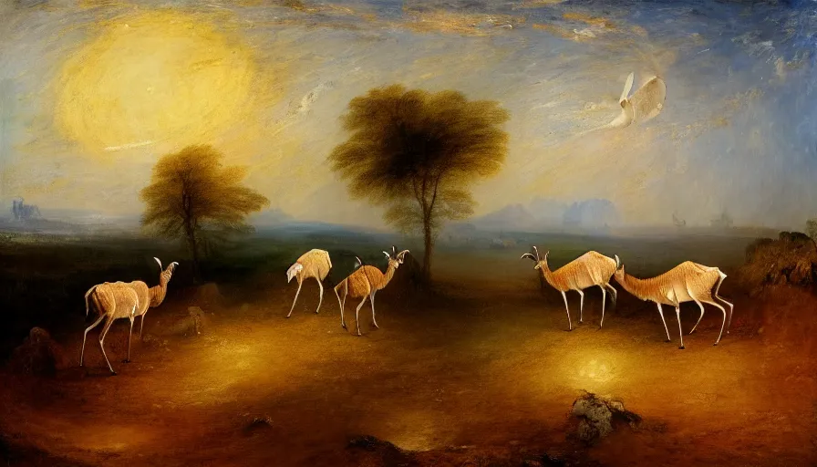 Image similar to highly detailed painting of antelopes in a small square flower garden on the dry grey cratered surface of the moon by william turner, thick brush strokes and visible paint layers, 4 k resolution