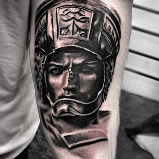 Image similar to A gladiator wearing a thracian helmet, tattoo, tattoo art, Black and grey tattoo style