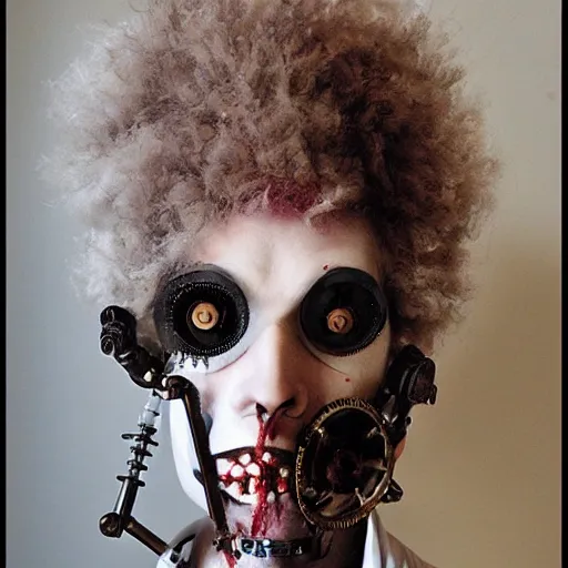 Image similar to clockwork cyborg vampire french aristocrat, powdered wig, gears, prosthetics, full - body