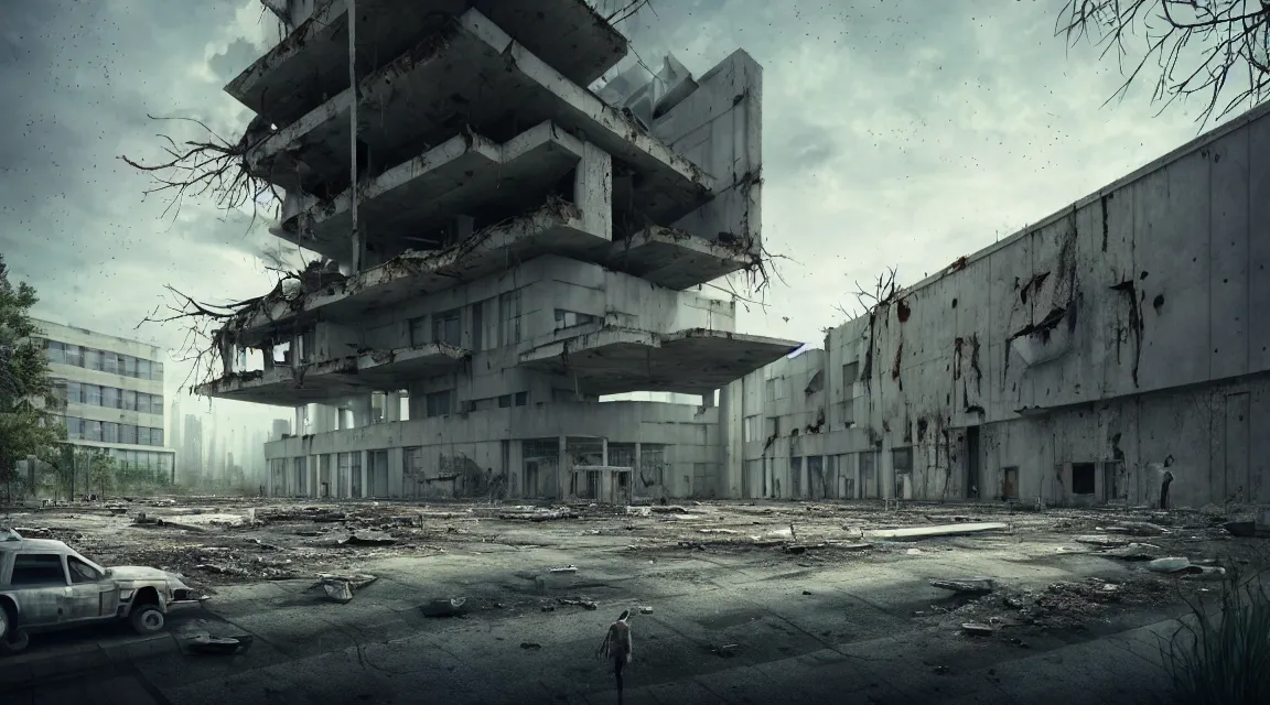 Image similar to post apocalyptic hospital building, grey aliens standing, morning, building, avenue, modern contemporary urban americana concrete architecture, by pascal blanche, neil blevins, apocalyptic color palette, trending on artstation, photorealistic, wilderness ambiance, ultra detailed, high definition, depth of field, bokeh, rubble, wild vegetation, blood stains, building crumbling