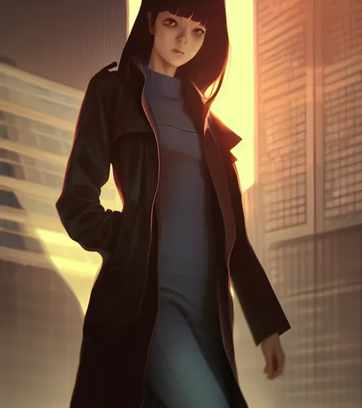 Image similar to realistic render of a cyborg - girl wearing a long trench coat by ross draws, futuristic dystopian city by ilya kuvshinov, digital anime art by ross tran, composition by sana takeda, lighting by greg rutkowski