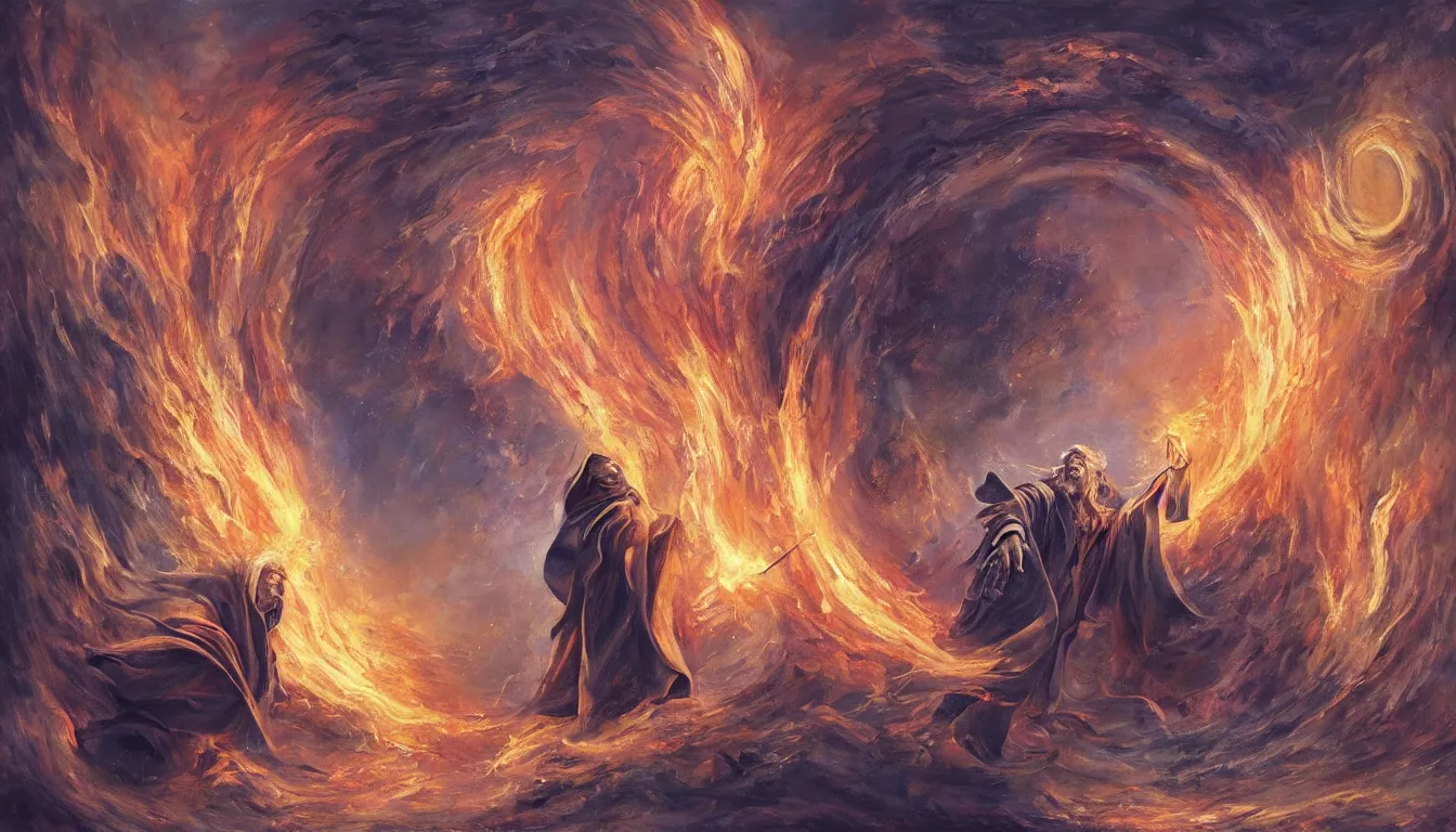 Image similar to Beautiful painting of an old wizard opening a portal to Hell, 4k