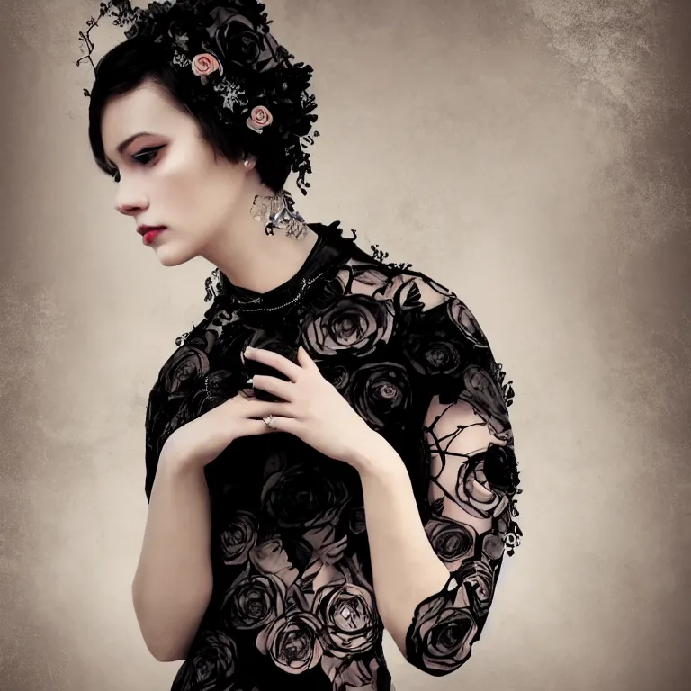 Prompt: hight focus of a wonderful realistic focused sweet wonderful symmetrical centered mid portrait of a lonely woman with a detailed wonderful, majestic, large semi transparent black cotton dress ornate with semi transparent black cotton roses, dramatic light, octane render, - 8 k