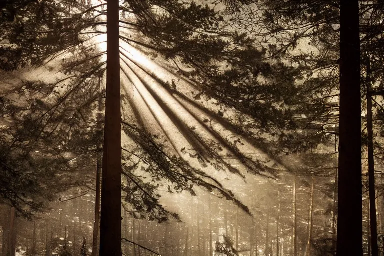 Image similar to portrait of pine trees in a forest during a blizzard. shadow and light. rays of light. energetic, dynamic, lively, detailed, intricate, complex. fine art by hayao miyazaki, akira toriyama, makoto shinkai, and ohara koson. studio lighting. tilt and shift lens. bokeh.