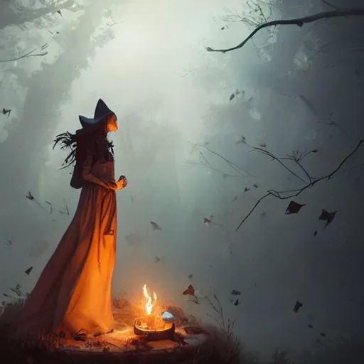 Image similar to Portrait of a gorgeous witch surrounded by magic and energy, sharp, 4k, cinematic lighting, in the style of Greg Rutkowski