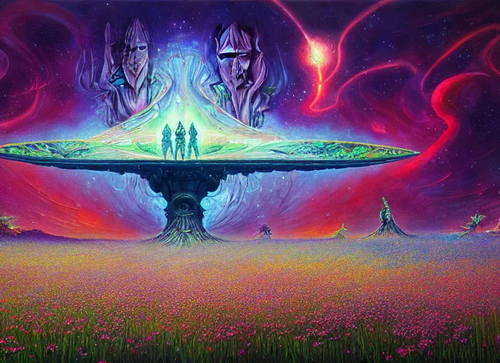 Image similar to a beautiful painting of a large alien shrine shrouded by mystic nebula magic in a field of flowers by moebius and android jones, oil on canvas sharp, details, hyper - detailed, hd, hdr, 4 k, 8 k