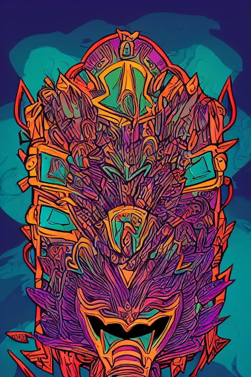 Image similar to totem animal mask tribal feather gemstone plant wood rock shaman vodoo video game vector cutout illustration vivid color borderlands comics by josan gonzales and dan mumford radiating a glowing aura