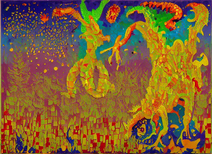 Prompt: expressionistic pixelated decollage painting golden armor alien zombie horseman riding on a crystal bone dragon broken rainbow diamond maggot horse in a blossoming meadow full of colorful mushrooms and golden foil toad blobs in a golden sunset, distant forest horizon, painted by Mark Rothko, Helen Frankenthaler, Danny Fox and Hilma af Klint, pixel, mosaic, semiabstract, color field painting, byzantine art, no anti aliasing, compression artifacts, pop art look, naive, outsider art. Barnett Newman painting, part by Philip Guston and Frank Stella art by Adrian Ghenie, 8k, extreme detail, intricate detail, masterpiece