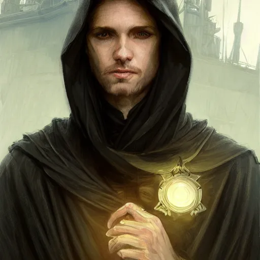 Image similar to pale male rogue in black robes on a shipdeck, fantasy, D&D, portrait, piercing stare, highly detailed, digital painting, HD, artstation, concept art, matte, sharp focus, illustration, art by artgerm and greg rutkowski and alphonse mucha