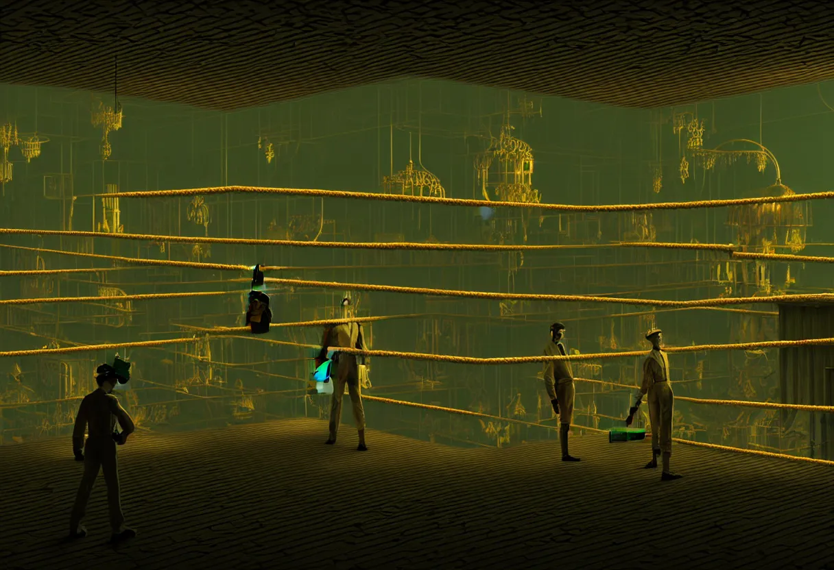 Prompt: amazing detailed symmetry surreal rendering by wes anderson, octane render, volumetric lighting, depth of field, futurisitic boxing ring in a dying utopia, neon radioactive swamp, kobold on stilts with boxing gloves