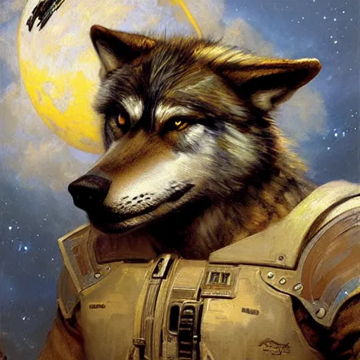 Prompt: a portrait of a wolf dogman canine star pilot. highly detailed painting by gaston bussiere, craig mullins, j. c. leyendecker, furry
