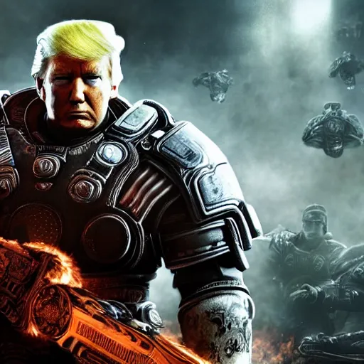 Image similar to Photo portrait of Donald Trump as Spartan in Gears of War, splash art, movie still, detailed face, photorealistic facial features, cinematic lighting, dramatic, octane render, long lens, shallow depth of field, bokeh, anamorphic lens flare, 8k, hyper detailed, 35mm film grain