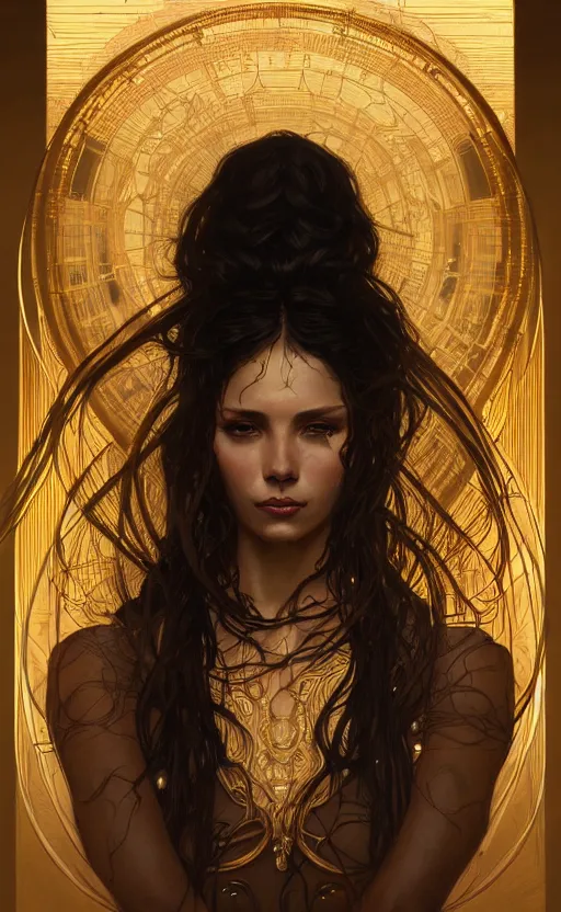 Image similar to portrait of a dark goddess, gold wires, visible veins, intricate, headshot, highly detailed, digital painting, artstation, concept art, sharp focus, cinematic lighting, illustration, art by artgerm and greg rutkowski, alphonse mucha, cgsociety