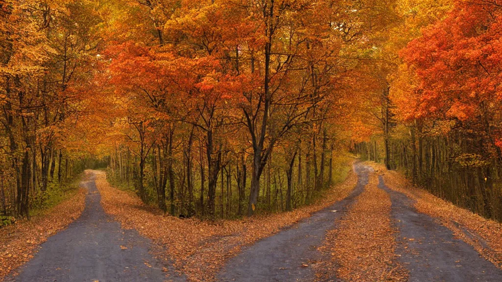 Image similar to a realistic photograph of a country road lined on both sides by maple and poplar trees, in the autumn, red orange and yellow leaves, some leaves have fallen and are under the trees and on the!!!! road