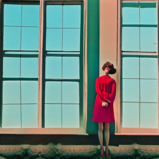 Image similar to giant flower head, girl standing by 1 9 6 0 window, surreal photography, symmetry, mid century, flat light, bright colours, blue sky, realistic, wes anderson