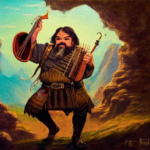 Image similar to D&D character portrait jack black as bard in a tavern playing a bad song designed by Bruce Pennington painted by Ed Emshwille Graphic novel