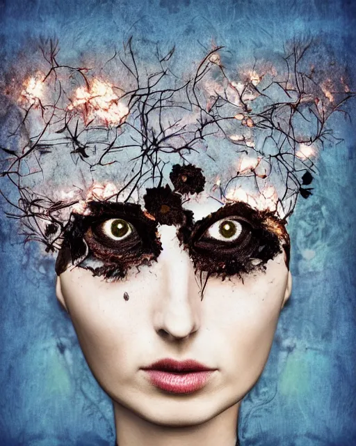 Prompt: technological, different women's faces, cut and paste collage, dead flowers, burnt, blue glow, 2 0 5 0 s, hypnotized, cold texture, steel, dystopian, serene emotions