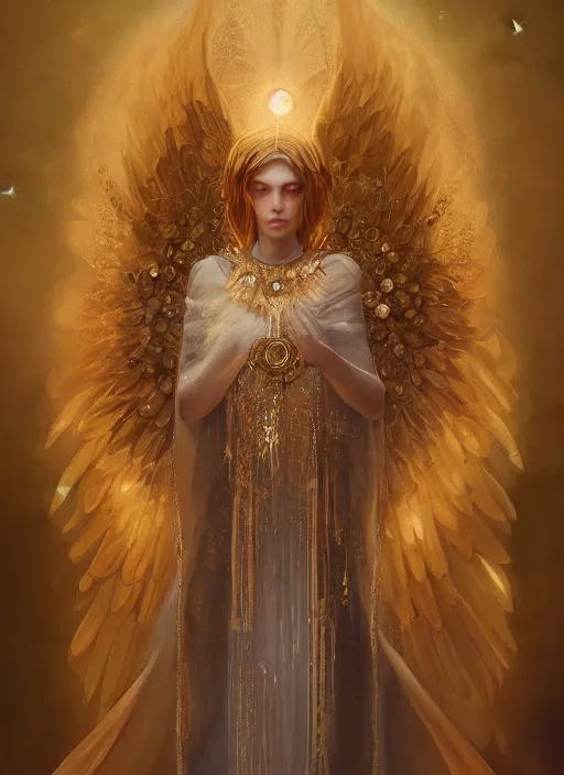 Image similar to A beautiful digital painting of a female Seraphim full of jewels, princess, the moon behind her, intricate, cinematic lighting, highly detailed, digital painting, Artstation, concept art, smooth, sharp focus, illustration, art by Tom Bagshaw, Artgerm and Greg Rutkowski