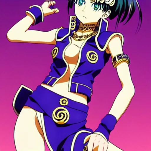 Image similar to Anime key visual of a Versace girl; official media; typography; drawn by Hirohiko Araki; Jojo's Bizarre Adventure; Jojolion