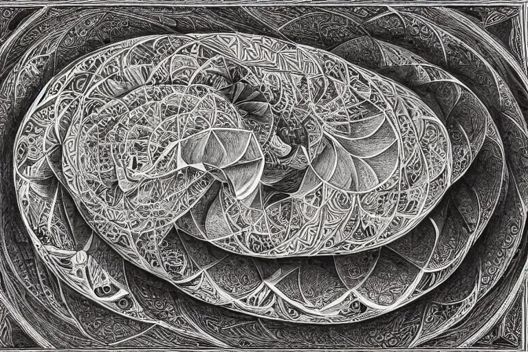 Image similar to an ornate illustration in the styles of mandalas and fractals, the styles of escher and penrose, depicting a weasel staring deep into the heart of the impossible all - and - nothing of the emerging singularity ; / what has god wrought? / he seems to be whispering.