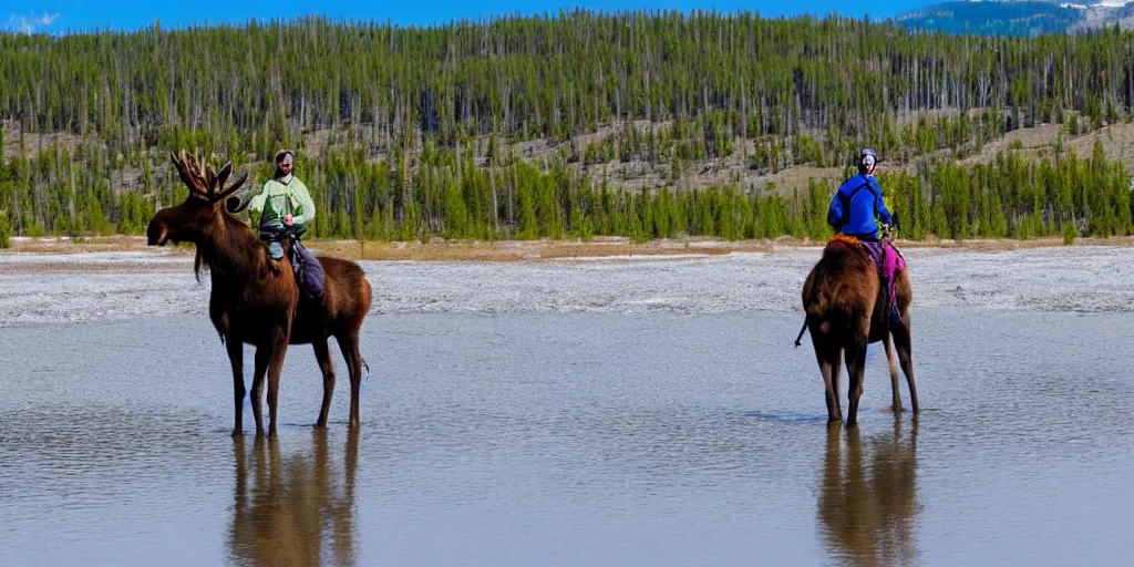 Image similar to hiker riding moose in yellowstone with prismatic spring in background