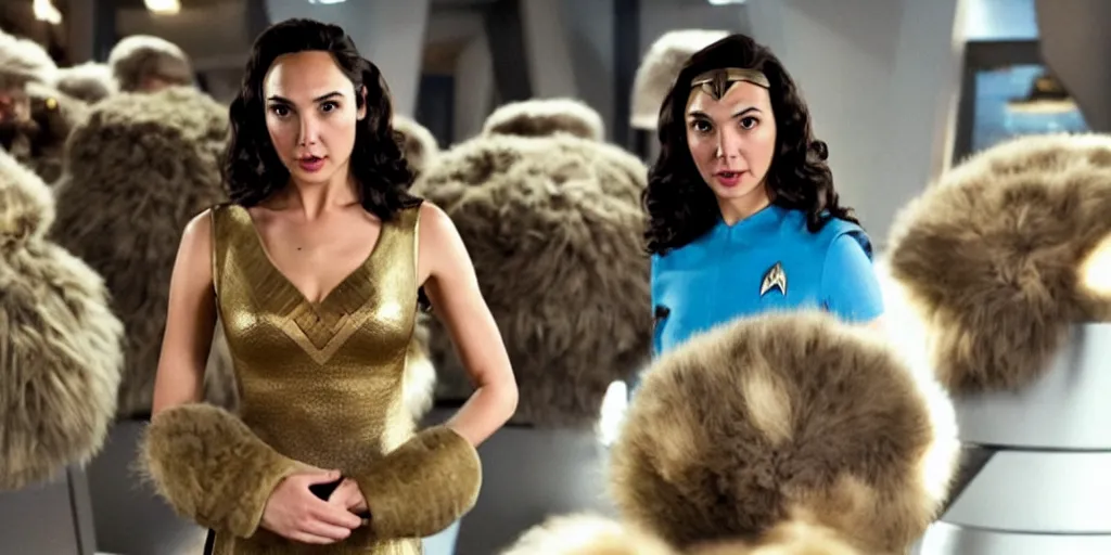 Image similar to Gal Gadot and Tribbles, Tribbles and more Tribbles in a scene in the next Star Trek movie