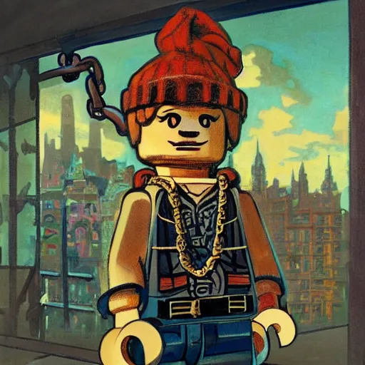 Image similar to gangster lego man with beanie and chains by Stanley Artgerm Lau, greg rutkowski, thomas kindkade, alphonse mucha, loish, norman Rockwel