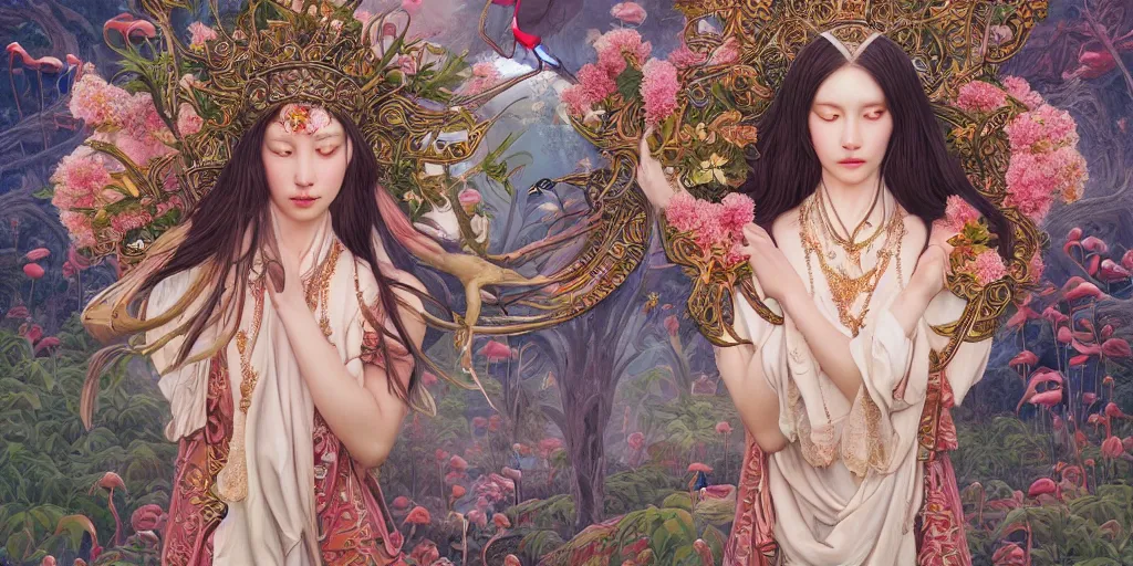 Image similar to breathtaking detailed weird concept art painting of the goddess of flamingo, orthodox saint, with anxious, piercing eyes, ornate background, epic composition, symmetry, amalgamation of leaves and flowers, by Hsiao-Ron Cheng and John James Audubon and Miho Hirano, extremely moody lighting, 8K