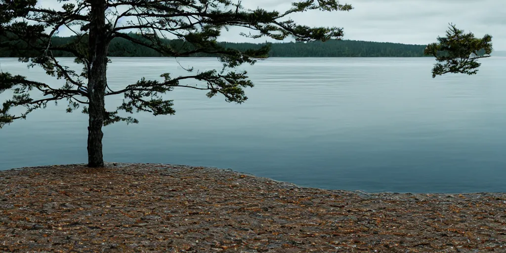 Prompt: centered photograph of surface stretching out to the center of the lake, a dark lake sandy shore on a cloudy day, color film, beach trees in the background, hyper - detailed kodak color film photo, anamorphic lens