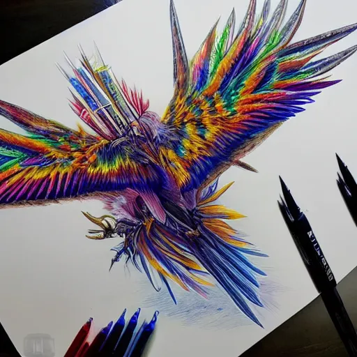 Image similar to picture of long spear made of multicoloured feathered wings, prismatic, full detailed drawing, hyperrealism, full weapon drawing, magic the gathering, white background