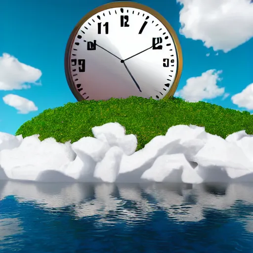 Image similar to a clock floating on an floating island, there are clouds around, it is on earth, on the background there are other floating islands too, floating at the ozone layer, cartoony, 4 k resolution, award winning